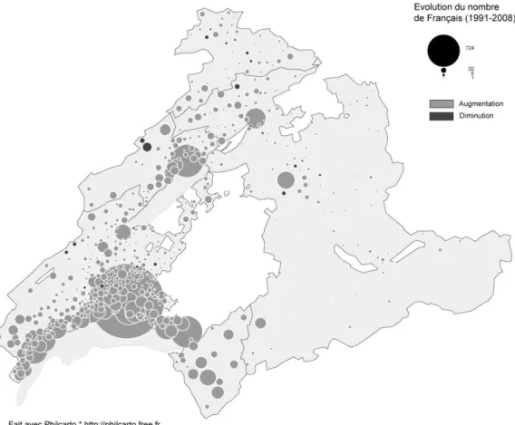 Figure 3 : Évolution du nombre de résidents de nationalité française, communes des cantons de Berne, Jura, Neuchâtel et Vaud (1991- (1991-2008) (Source : OFS, PETRA) 