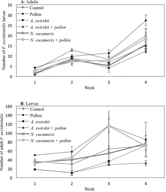 Figure 5.1. Mean (± SE) number of Frankliniella occidentalis adults (A) and larvae (B) per chrysanthemum  crop plant for A