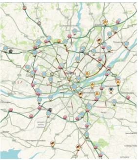 Figure 3.2.3: screenshot of Waze online livemap 10 , showing the city of Nantes in the afternoon and real drivers traveling on the ring road