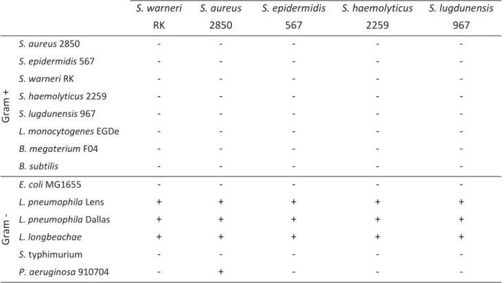 Tableau 14. Spectre d’activité des cinq souches de Staphylococcus  productrices de peptides  anti-Legionella