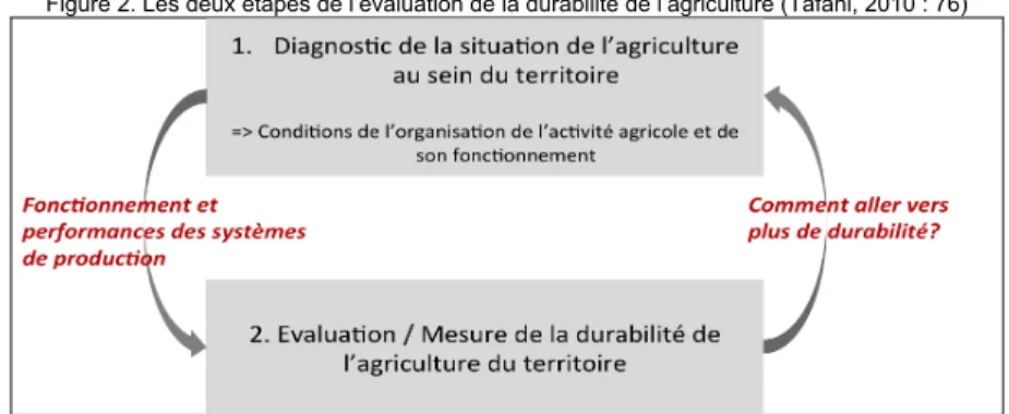 Figure 2. Les deux étapes de l’évaluation de la durabilité de l’agriculture (Tafani, 2010 : 76) 