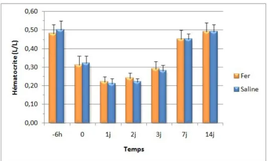 Figure 5 : Graphique représentant la moyenne des valeurs d’hématocrite (L/L) des  individus du groupe traitement (fer, n=18) et contrôle (saline, n=17) en fonction du  temps 