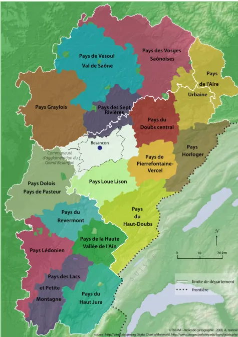 Figure 1 : les Pays en Franche-ComtéSUI SSEPays 2006 en Franche-Comté020 kmN10limite de départementfrontière
