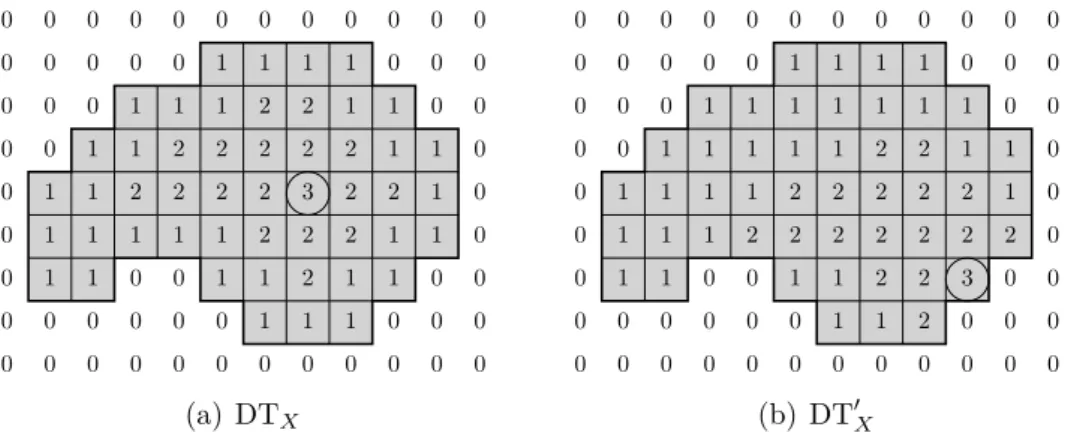 Figure 3.9 – Exemple de carte de distance d 8 DT X et son homologue asymétrique DT 0 X .