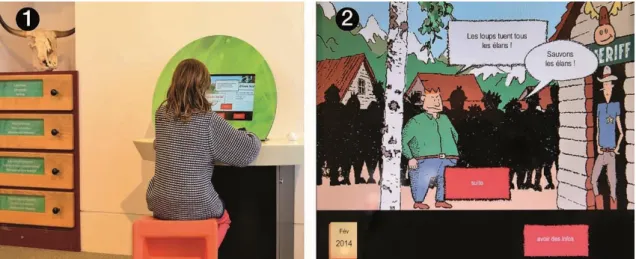 Figure  7.  (1)  Le  jeu  Proies  et  Prédateurs  dans  l’espace  Animaux  s’inspire  de  la  situation  scolaire  écran-livre,  table,  chaise