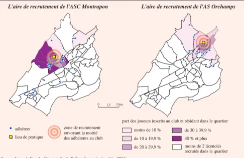 Fig. 1 - Les aires de recrutement des clubs de quartier : l’espace immédiat privilégié