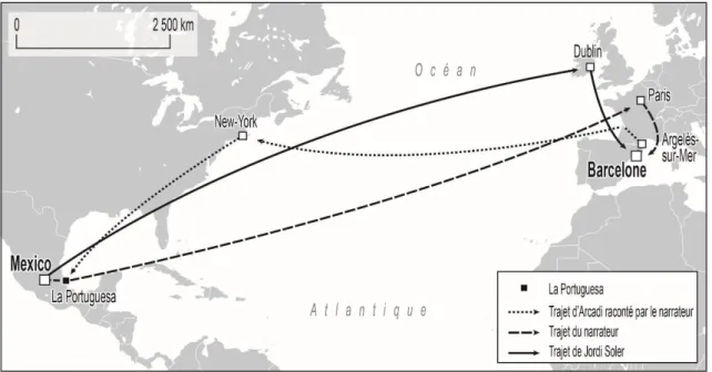 Figure 10 : Itinéraires atlantiques de Jordi Soler, du narrateur et d’Arcadi (Conception : T