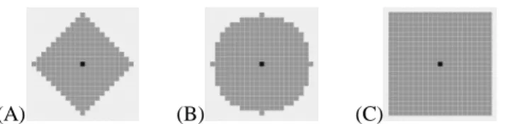 Figure 2  : Voisinages de rayon R = 10 sur un maillage carré (A): distance de Manhattan, (B): distance euclidienne, (C): distance du Max 