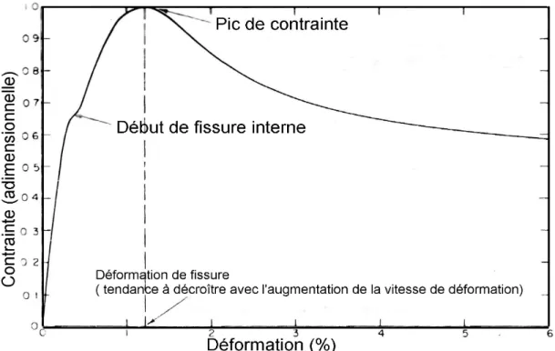 Figure 12. Courbe contrainte- déformation idéale pour un test à vitesse de déformation  constante, d’une glace polycristalline Mellor (1980) 