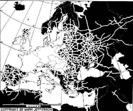 Figure 1. 1. La distance au chemin de fer en Europe dans le premier tiers du XXème siècle  (Jefferson, 1928) 