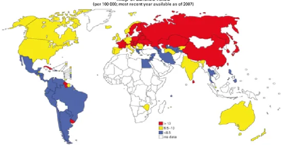Figure 1 : Suicide dans le monde : taux pour 100 000, d’après OMS 2007 [24] 