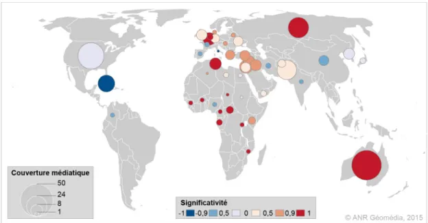 Figure 4 : Singularités spatiales de l'agenda géomédiatique du flux RSS international du journal Le Monde au cours de la semaine du 15 au 21 décembre 2014 (Modèle ASM)