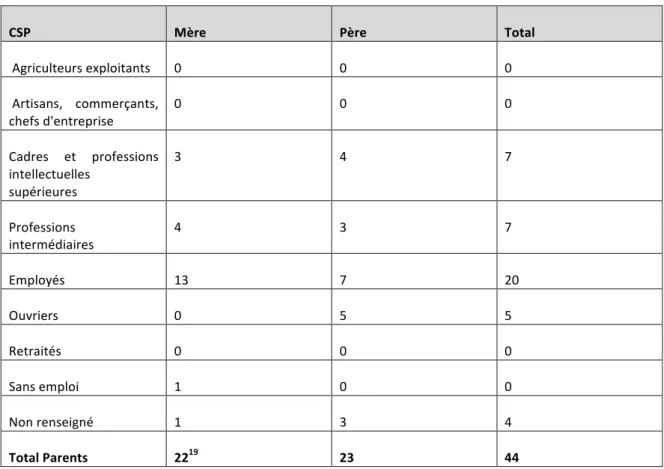 Tableau 9. Catégories socio professionnelles des parents des enfants de la Crèche Gyptis  