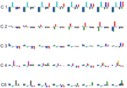 Fig. 4: Repr´ esentation sous forme de barres des vecteurs-codes de la carte de Kohonen classiﬁante obtenue sur le panel ´ etudi´ e