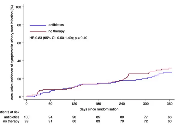 Fig. 2. Cumulative incidence of symptomatic urinary tract infection (intention-to-treat analysis)