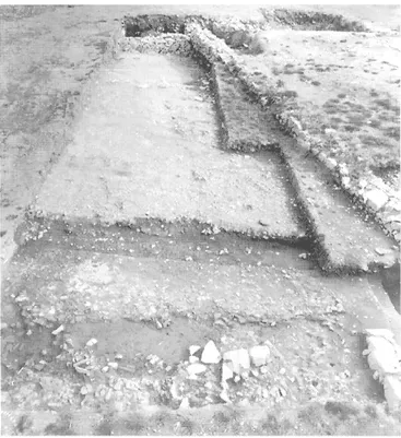 Fig.  17 - La grande voie de la Pâture du Couvent dans son dernier  état,  vue vers  le sud-est :  au premier plan,  le  caniveau 879 ; au  dernier plan,  le mur 501 ; à droite,  le  mur de clôture du couvent