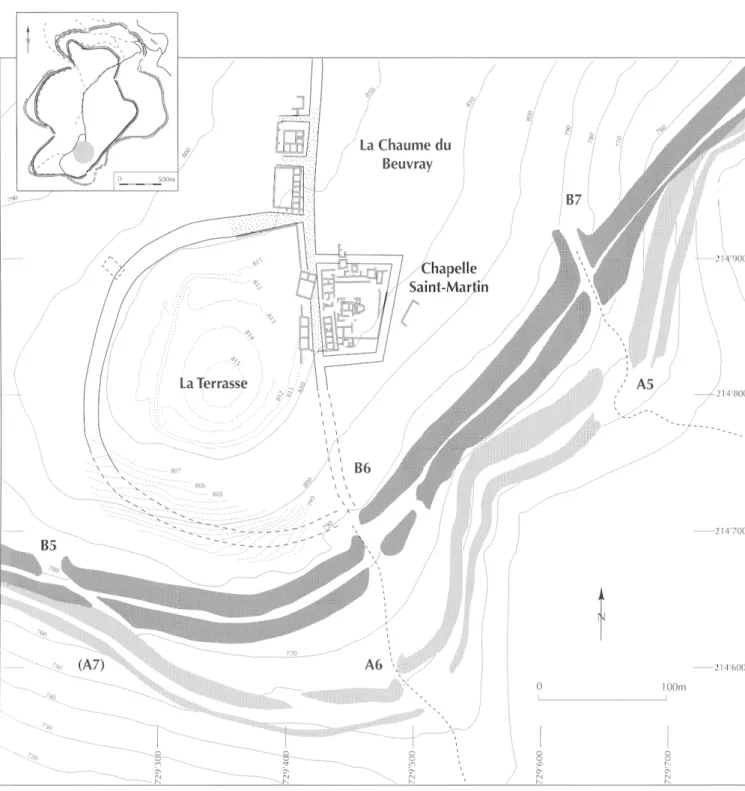 Fig.  18 - Le secteur de la Terrasse et de la Chaume avec la localisation des remparts,  de la voirie et des bâtiments antiques