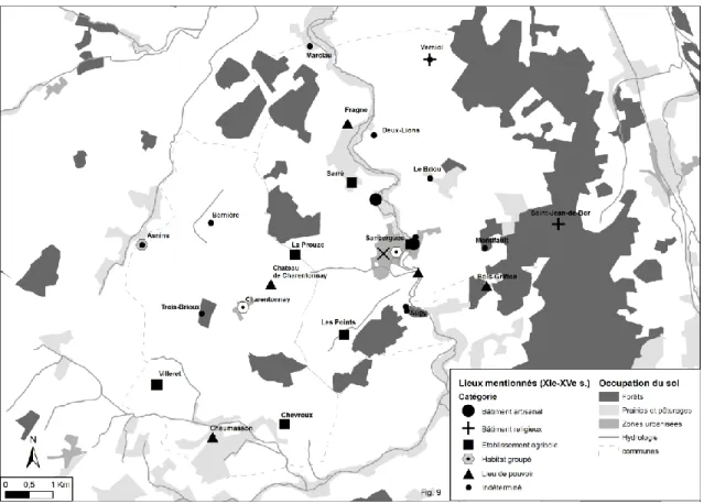 fig. 9 : Lieux mentionnés dans les sources écrites du XIe au XVe siècle. 