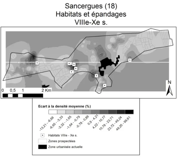 Figure 1. Épandages agraires autour du village actuel de Sancergues (18) aux VIII e -X e  siècle