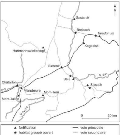 Fig. 5 – Mandeure et le territoire rauraque à l’époque gauloise   (DAO : P. Barral, LCE, d’après Jud, Kaenel, 2002, complété).
