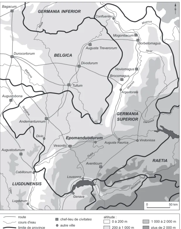 Fig. 1 – Localisation d’Epomanduodurum/Mandeure et Mathay dans la Gaule de l’Est   (DAO : P