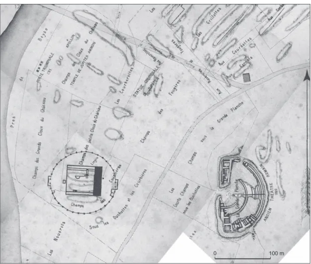 Fig. 3 – Extrait du plan de P. Barbier montrant le secteur du complexe monumental sanctuaire-théâtre de Mandeure   (plan du site archéologique de Mandeure-Mathay levé en 1895 pour la Société d’émulation de Montbéliard, à 1/250,  