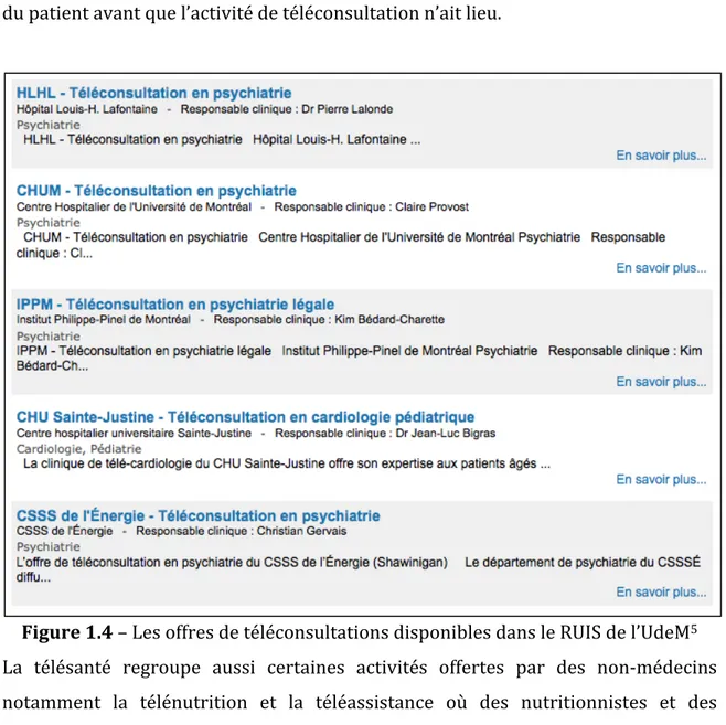 Figure   1.4   –   Les   offres   de   téléconsultations   disponibles   dans   le   RUIS   de   l’UdeM 5         La    télésanté    regroupe    aussi    certaines    activités    offertes    par    des    non-­‐médecins    notamment    la    télénutrition