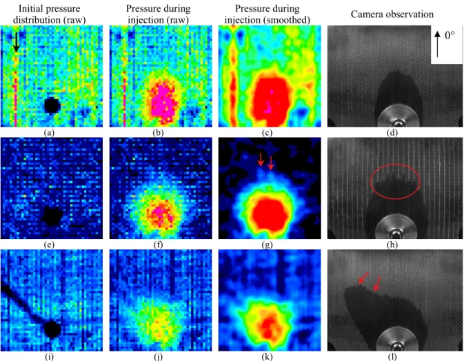 Figure 2: Flow in continuous unidirectional fibre reinforcement (a–d), reclaimed discontinuous fibre materials (e–h), and  continuous fibre materials with a -45° gap in central plies to create a race-tracking effect (i–l)