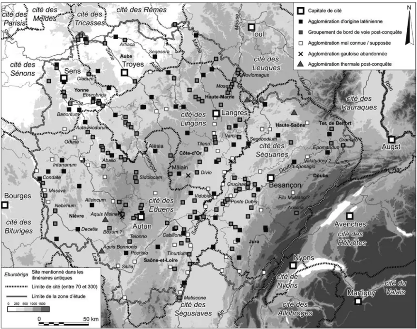 Fig. 1 – Les habitats groupés du centre-est de la Gaule : état des données disponibles   (d’après Venault et Nouvel dir