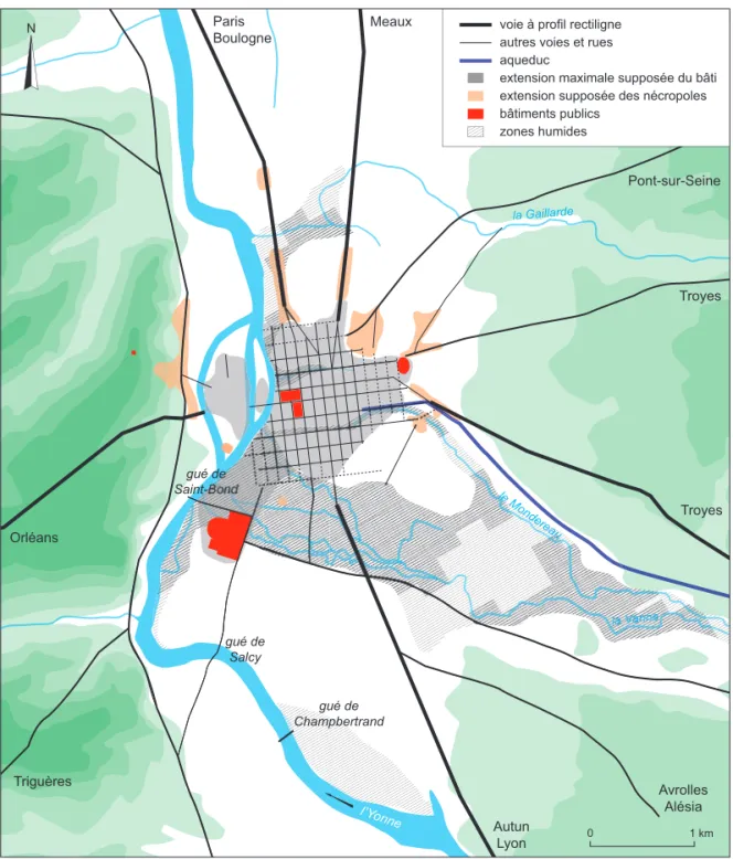 Fig. 1 – La ville antique de Sens/Agedincum dans son contexte naturel (DAO : P. Nouvel).