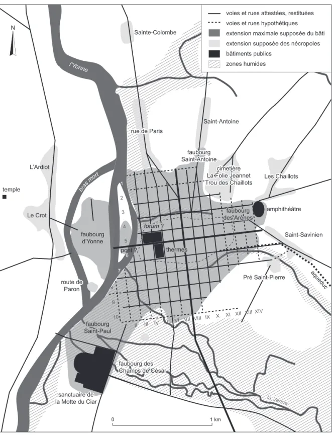 Fig. 4 – La trame urbaine antique de Sens : proposition de restitution   et structure de la ville lors de son extension maximum (DAO : P. Nouvel).