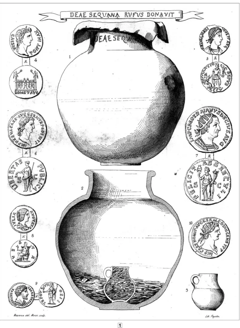 Fig. 165 – Le dépôt des Sources de la Seine à Saint-Germain-Source-Seine, fouilles Baudot :   1, vue en coupe du dépôt dans un dolium.