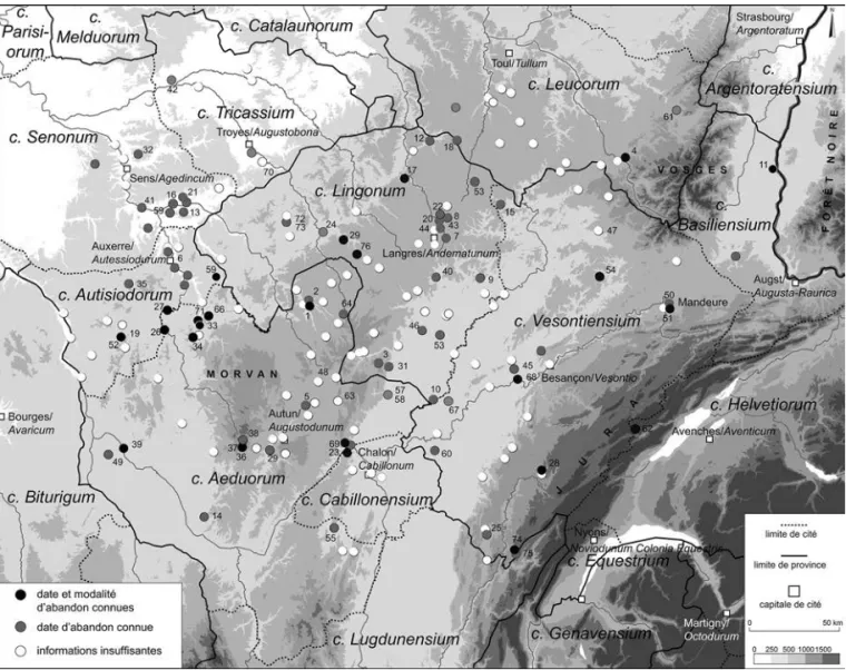 Fig. 158 – Zone d’étude et localisation des sites étudiés dans leur contexte administratif de la fin du  iv e  s