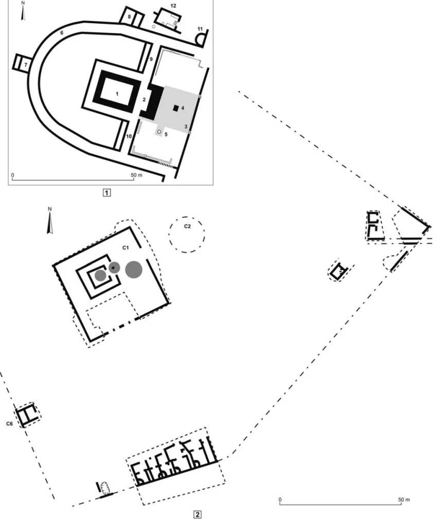 Fig. 159 – Plan des sanctuaires : 1, les Bolards à Nuits-Saint-George, Côte-d’Or (Éduens) ;  