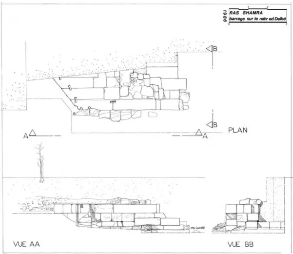 Fig. 4 – Plan et élévation de la pile centrale du pont-barrage, telle que dégagée en 1986 (© Mission de Ras Shamra, relevés J.-P