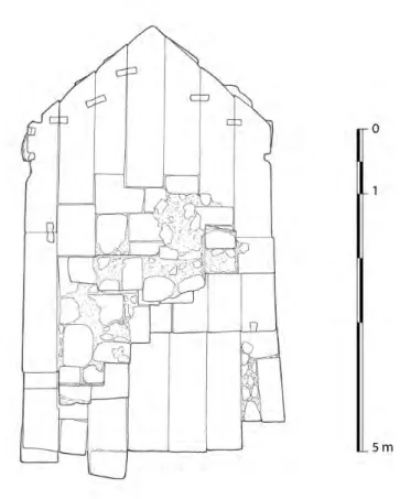 Fig. 5 – Plan et élévation de la pile centrale du pont-barrage, telle que dégagée en 1992 (© Mission de Ras Shamra, relevés V