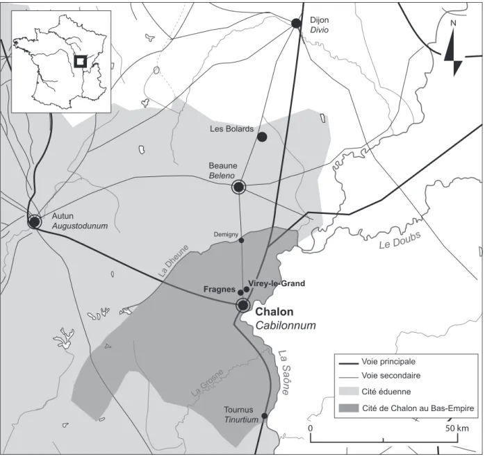 Fig. 1. Chalon dans ses limites administratives et son réseau de communication durant l’Antiquité  (St