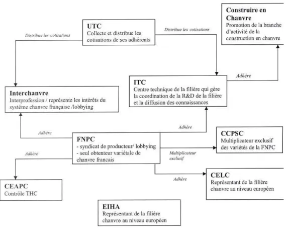 Figure 7. Différentes structures d’organisation de la filière chanvre et leurs interactions