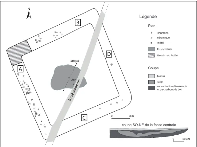 Fig. 2 : Plan général simplifié de l’enclos carré et coupe de la tombe centrale. DAO : V