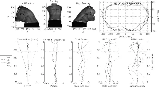 Figure 2. GUI for trunk asymmetry analysis. Top row: pre-op. trunk shapes (standing, left and right bending)  and  cross-sections  in  local  coordinates  at  given  level  (with  back  dual-tangent  lines)