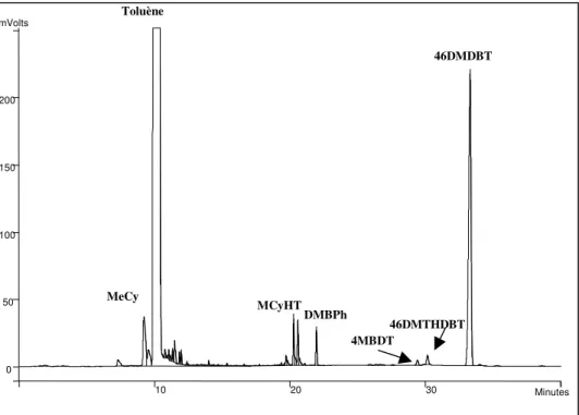 Figure  II-3 :  Chromatogramme  de  la  transformation  du  46DMDBT  sur  colonne  capillaire DB1