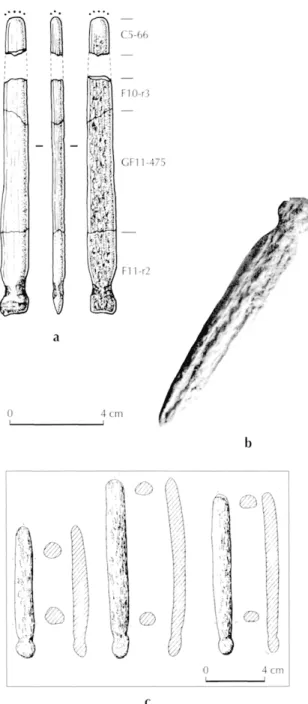 Fig.  10 - Outil en  bois de cerf,  et éléments de comparaison (dessin  Y.  Maigrot) :  a,  Reichstett ; b,  objet fusiforme à gorge en bois de cerf,  du niveau IV de la grotte Tournié (» 3 550 BC) ; partie basale de  l'objet en  Y des statues-menhirs du R