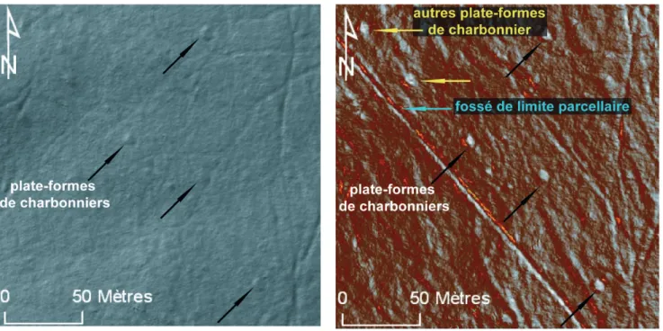 Fig. 5. Plates-formes de charbonniers et fossé limite de parcelle vus suivant un traitement ombrage 315° 45° et suivant un trai- trai-tement pente (zone de Besançon) (SIG &amp; DAO programme LIEPPEC ® MSHE C