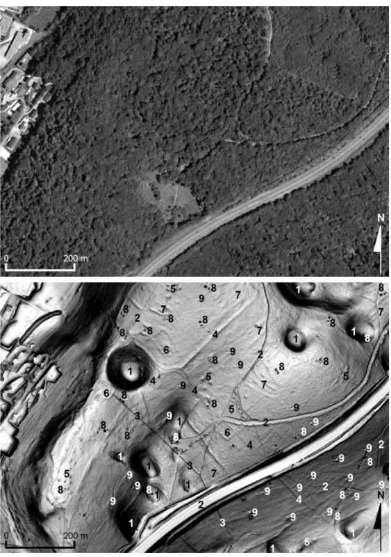 Fig.  5.  Aperçu  de  la  quantité  et  de  la  distribution  des  structures  archéologiques  et  naturelles  remarquables situées sous forêt, et révélées par l'analyse de données LiDAR (forêt de Chailluz 