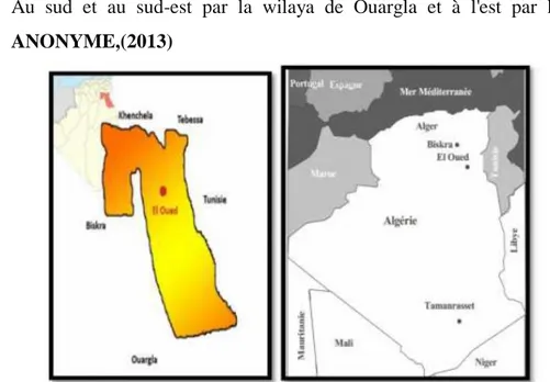 Figure 1 : Situation géographique et limites d’El oued .ANONYME,(2013) 