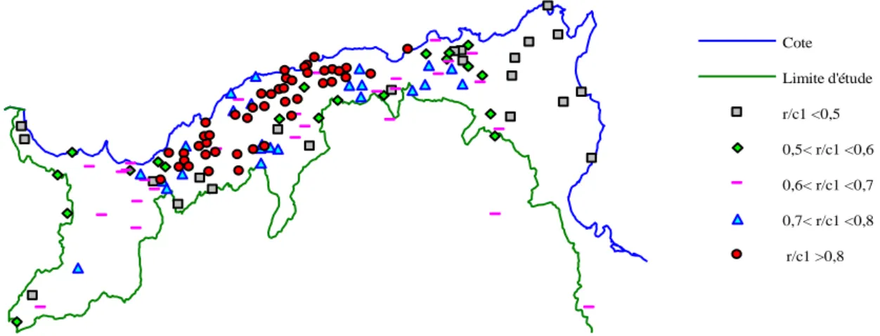 Figure 51. Répartition spatiale des stations en fonction de leur coefficient de corrélation avec  la première composante principale (C1)