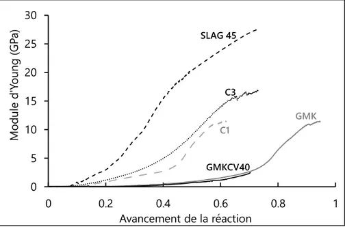 Figure 1.40 : Module d'Young en fonction de l'avancement de la réaction 