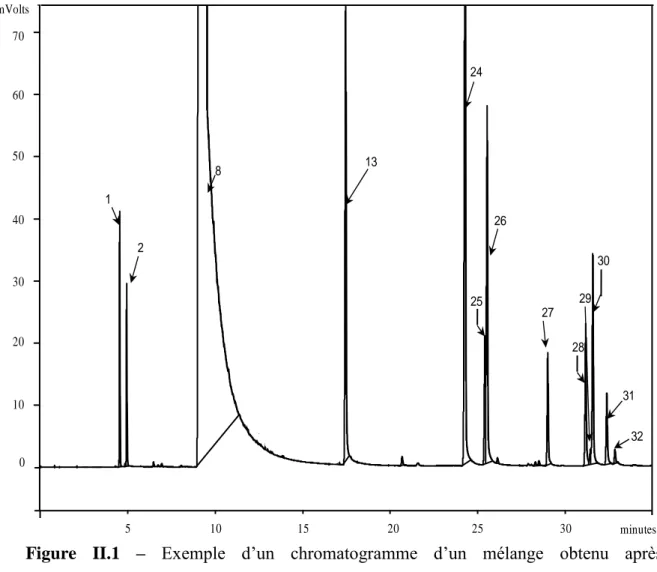 Figure  II.1  –  Exemple  d’un  chromatogramme  d’un  mélange  obtenu  après  transformation du 2-éthylphénol en présence du support  -Al 2 O 3 