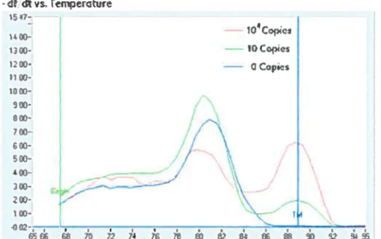 Figure 8: Représentation d’une courbe de la dérivée négative en fonction de la température (tirée du protocole du Light Cycler DNA Master SYBR Green I (201 5099) de chez Roche”)