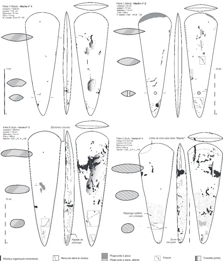 Fig. 8 – Analyse graphique des formes et surfaces des lames de haches (crayonnés S. Cassen, Y